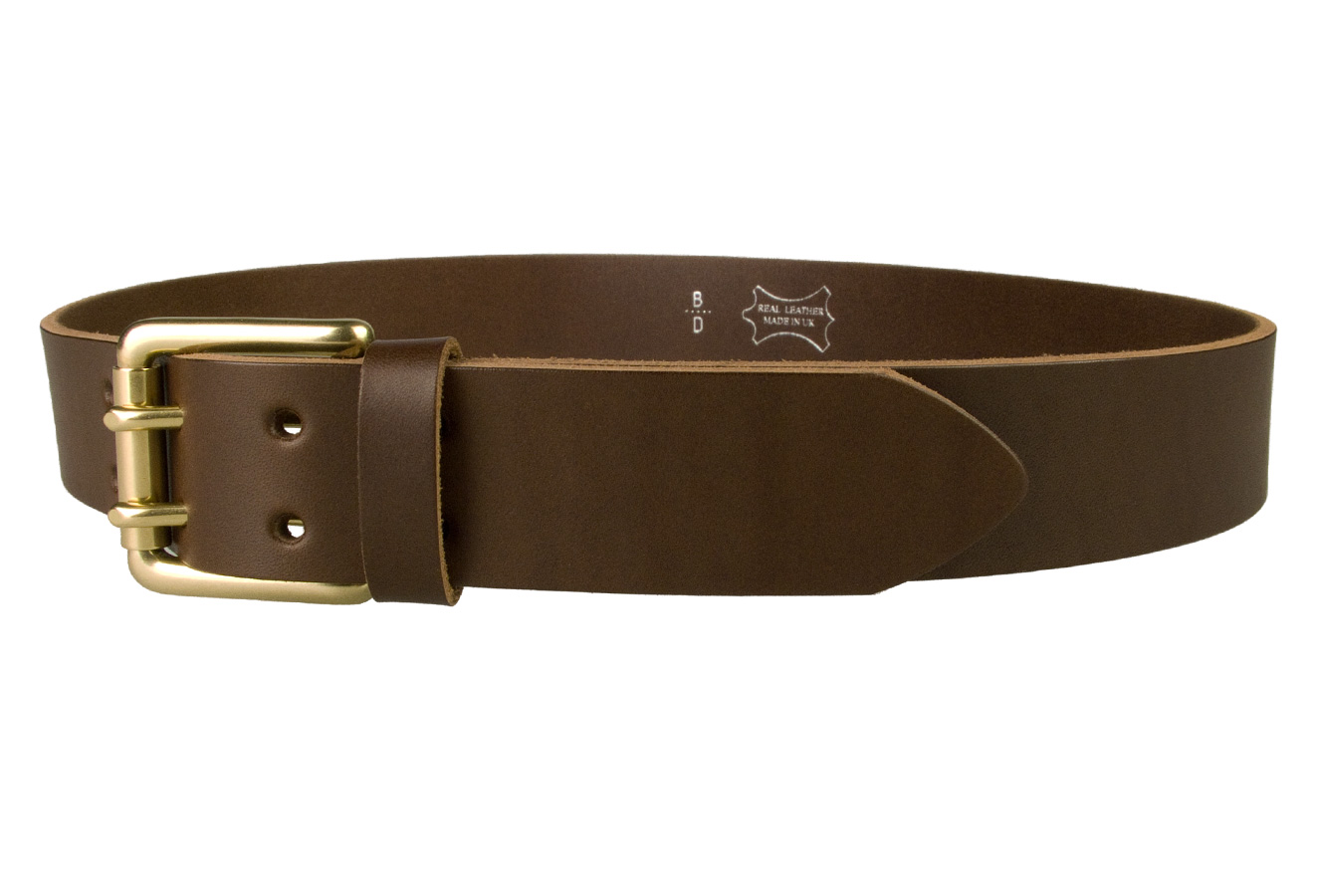 Brass Double Prong Leather Jeans Belt - Brown - Left Facing VIew - Belt ...